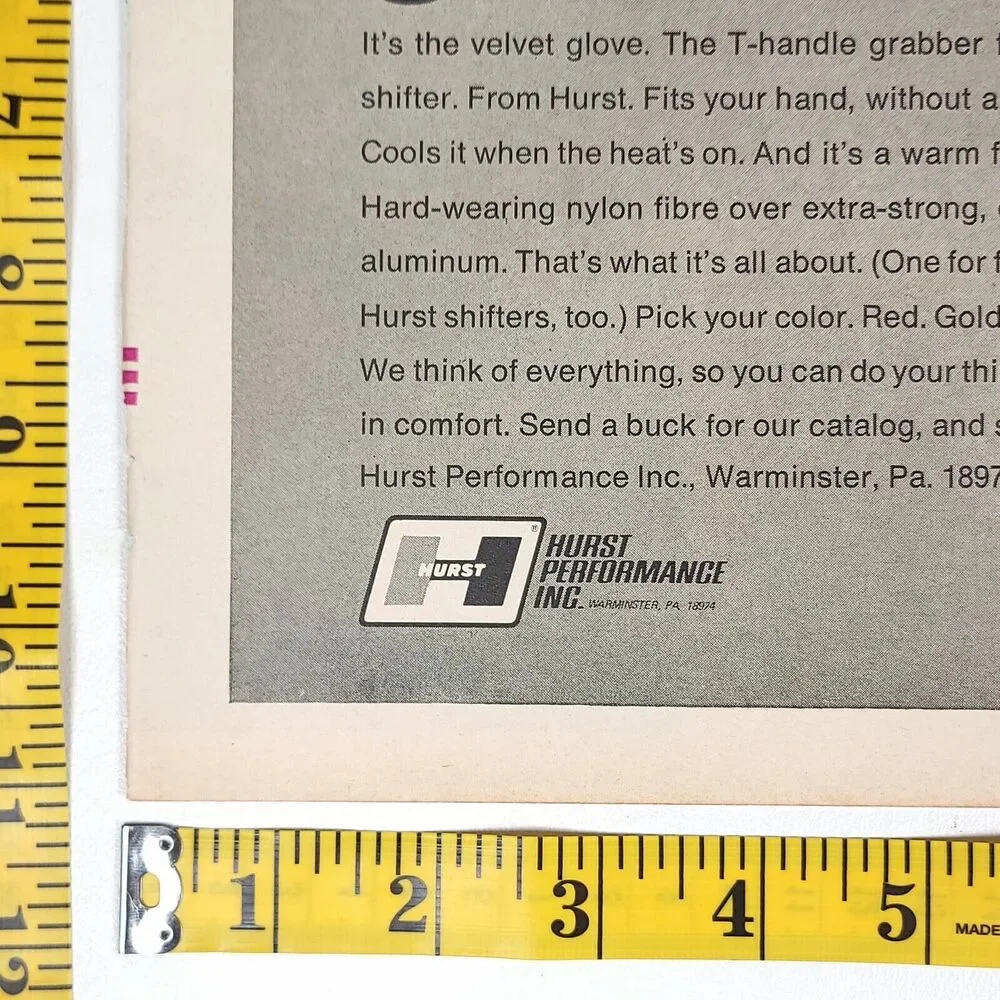 Vintage Hurst T-Handle Grabber Black &‎ White Print Ad 1969 Hot Rod Magazine